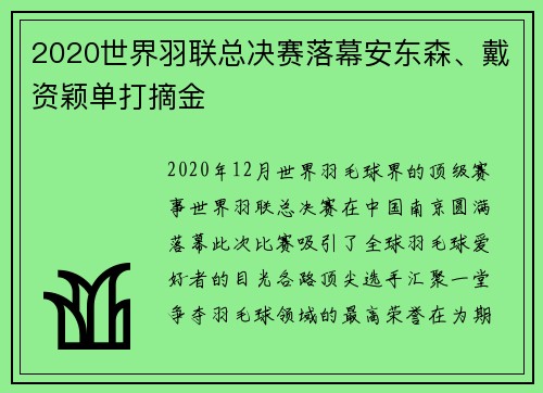 2020世界羽联总决赛落幕安东森、戴资颖单打摘金