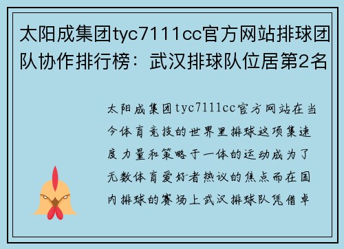 太阳成集团tyc7111cc官方网站排球团队协作排行榜：武汉排球队位居第2名