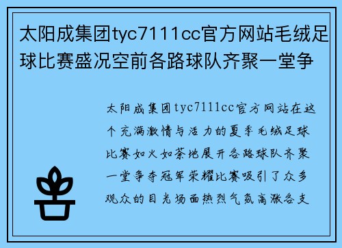 太阳成集团tyc7111cc官方网站毛绒足球比赛盛况空前各路球队齐聚一堂争夺冠军荣耀