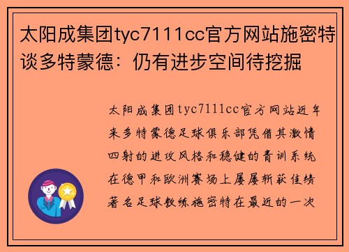 太阳成集团tyc7111cc官方网站施密特谈多特蒙德：仍有进步空间待挖掘